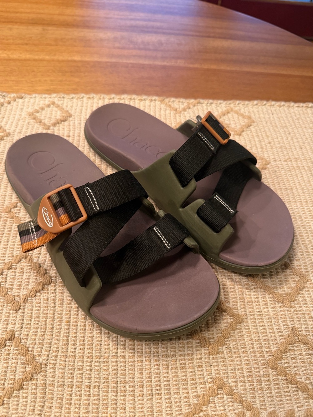 Chaco Women's Olive Green Slide Sandals with Purple Footbed and Black Straps